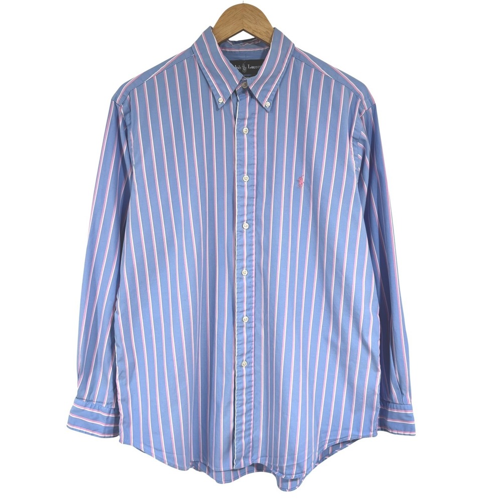 Ralph Lauren Classic Fit Button Down Dress Shirt 16 32/33 Blue Stripe Pink Pony